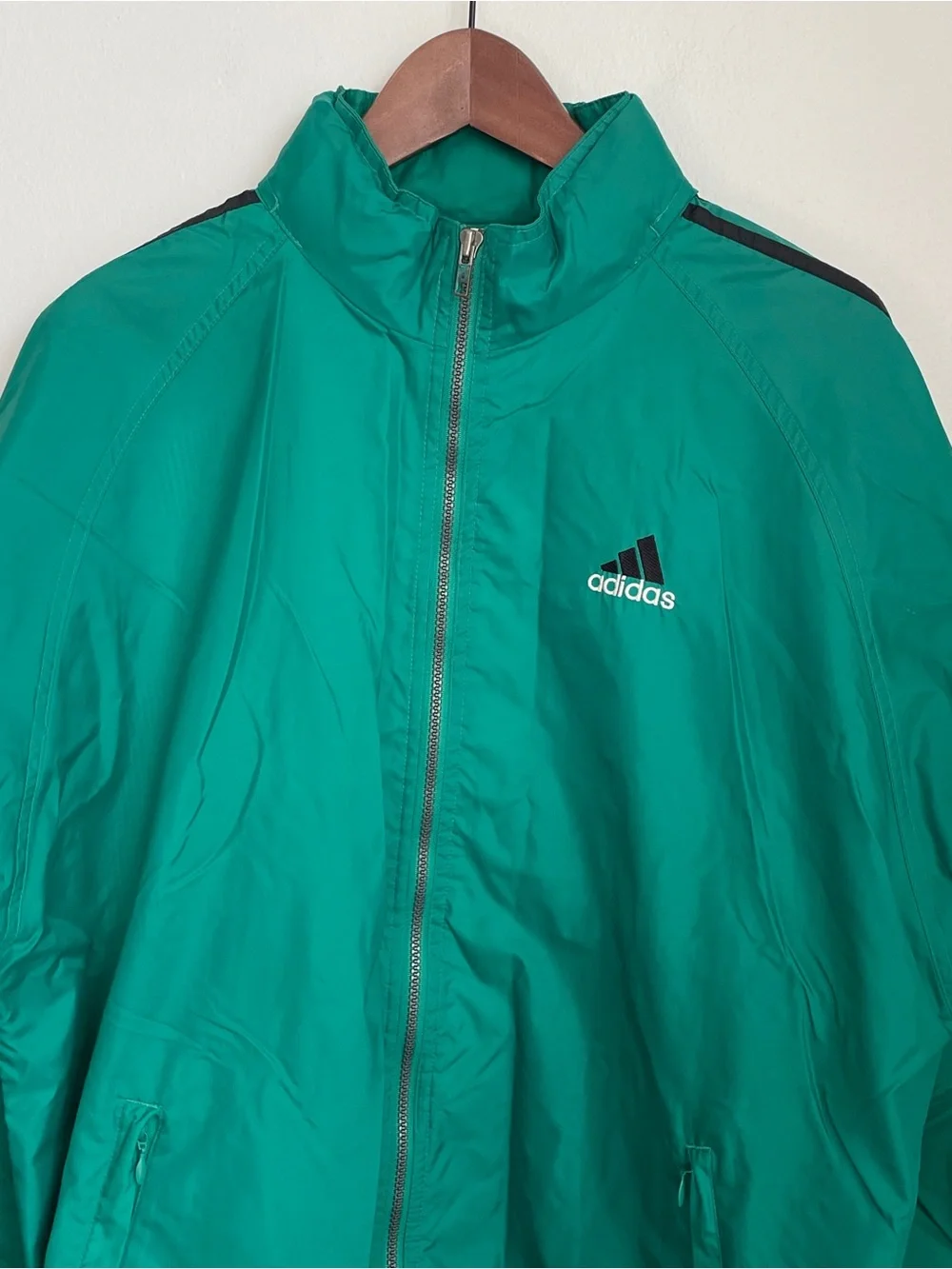 Adidas Vintage 90s Green 3-Stripe Windbreaker Track Jacket Nylon Mesh Lined Sz L
